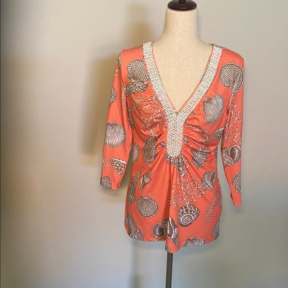 NWOT never worn Boston Proper top with bead detail. Coral and white